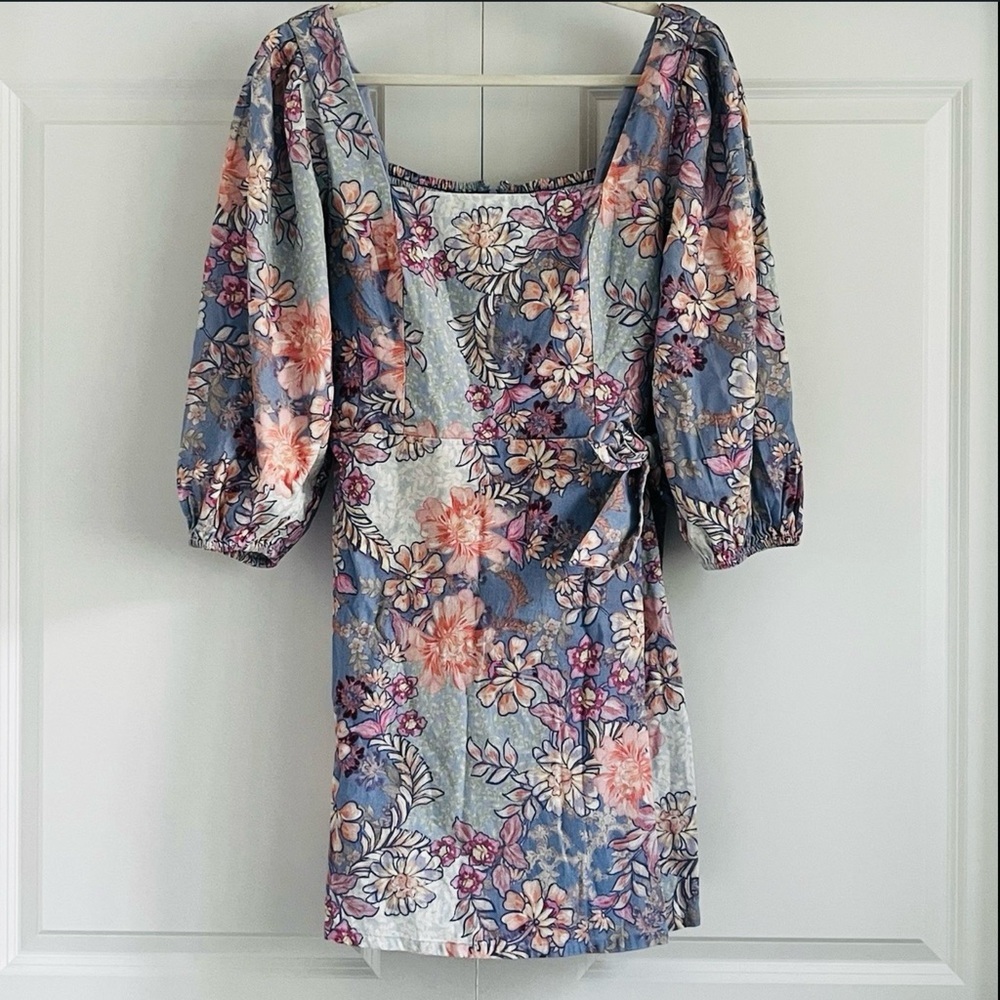 NWT Vince Camuto Floral Mini Dress Size 4 Cotton Linen Puff Sleeve Spring